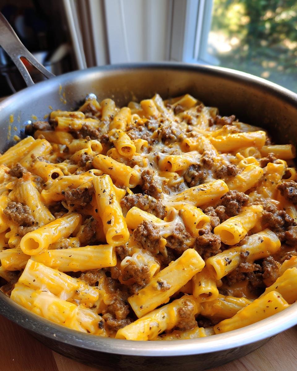 Close-up of a skillet filled with One Pot Beef Cheddar Ranch Pasta, showing cheesy pasta and seasoned ground beef.