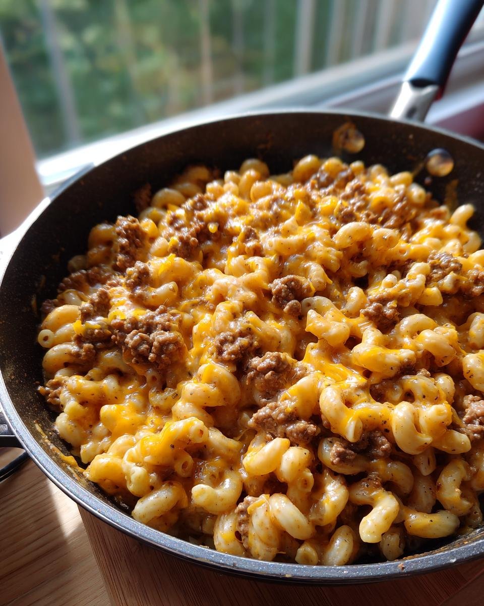 Close-up of a skillet filled with One Pot Beef Cheddar Ranch Pasta, showing elbow macaroni, seasoned ground beef, and melted cheddar cheese.