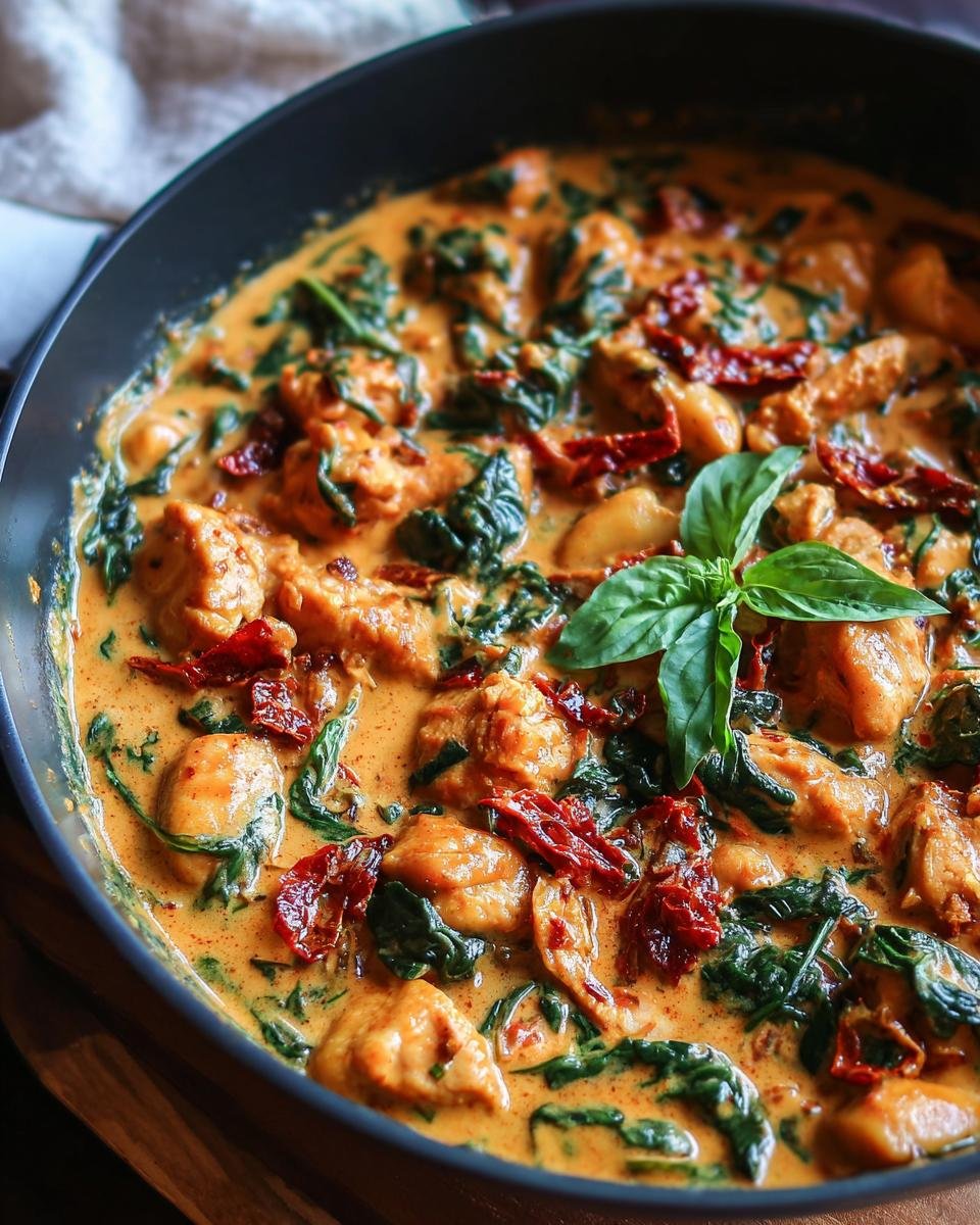 Close-up of Irresistible One Skillet Sun Dried Tomato Chicken Gnocchi in a pan, garnished with fresh basil.