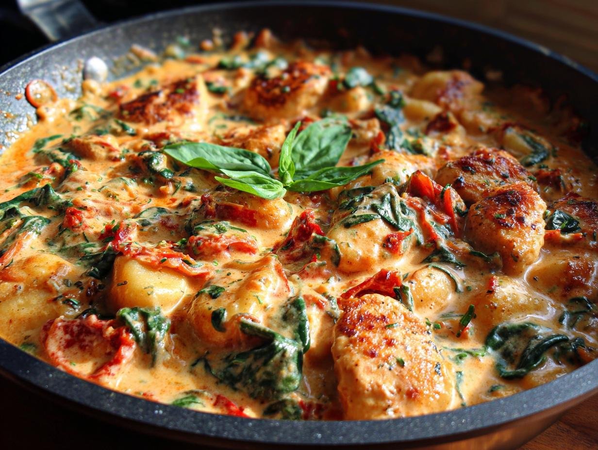Close-up of Irresistible One Skillet Sun Dried Tomato Chicken Gnocchi in a creamy sauce with spinach and basil.