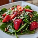 Close-up of a refreshing strawberry spinach salad with crumbled feta cheese and toasted pecans.