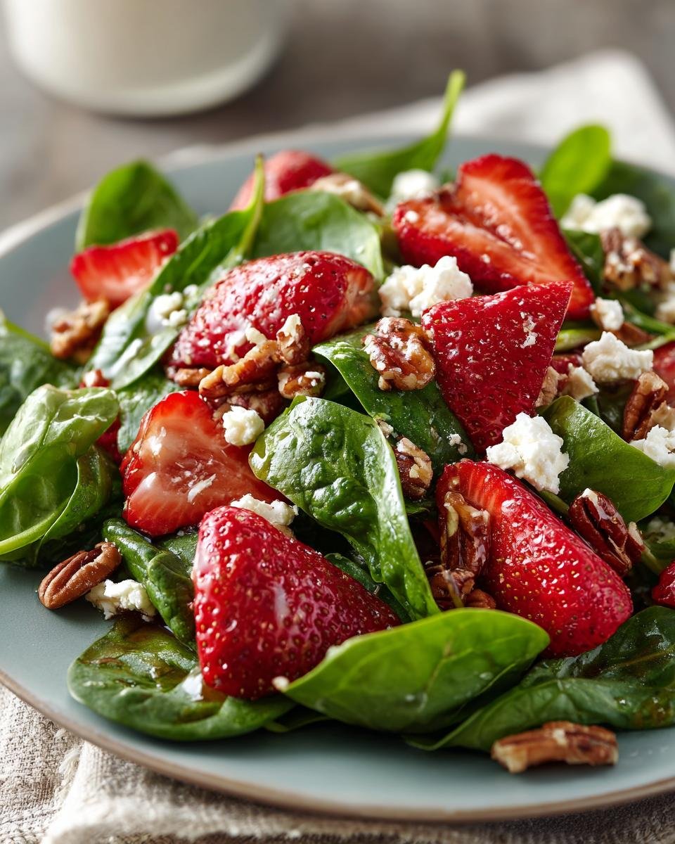 Close-up of a refreshing strawberry spinach salad with feta cheese and pecans, perfect for summer.