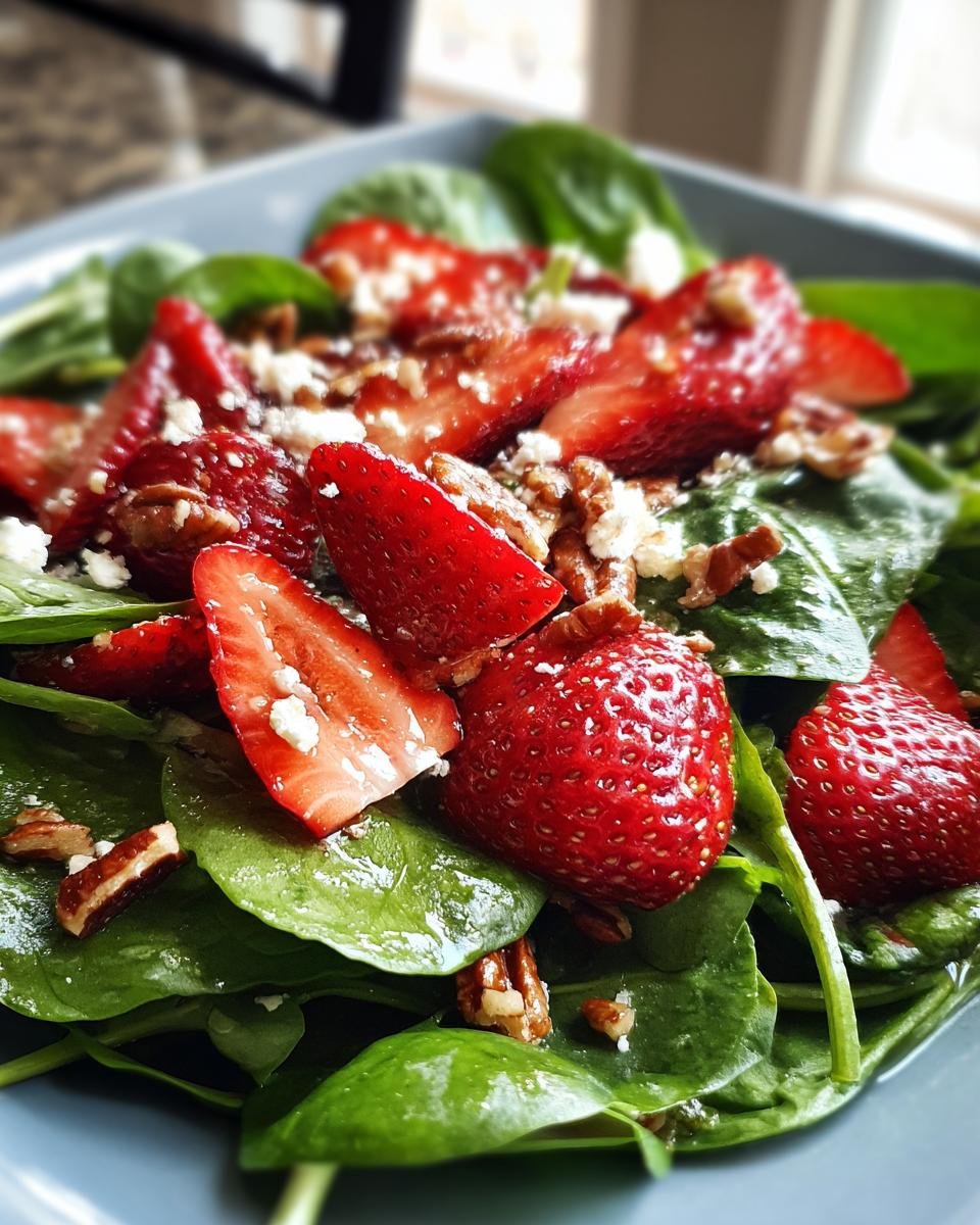 Close-up of a refreshing strawberry spinach salad with feta cheese and pecans, perfect for summer.