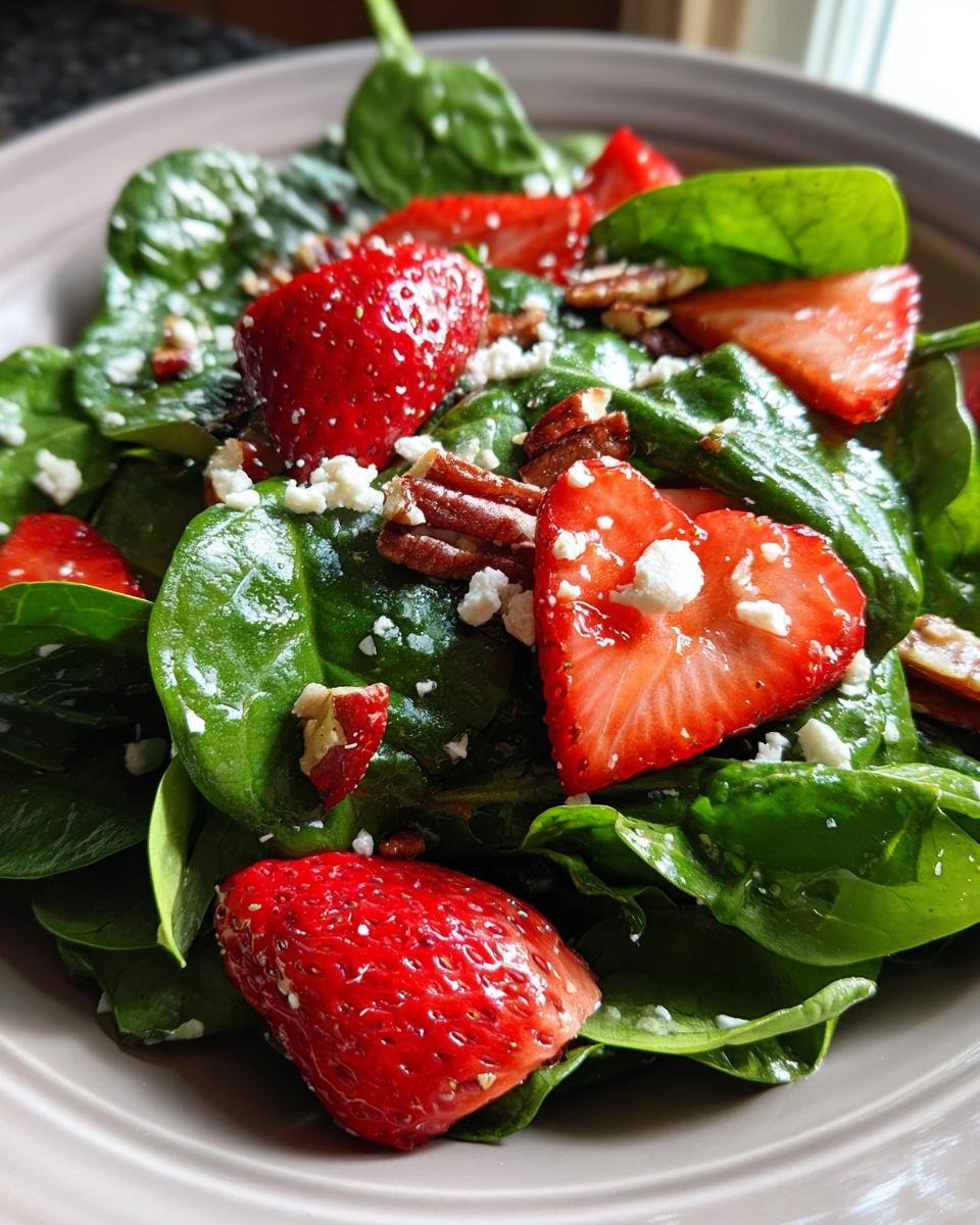 Close-up of a refreshing strawberry spinach salad with feta cheese and pecans, perfect for summer.