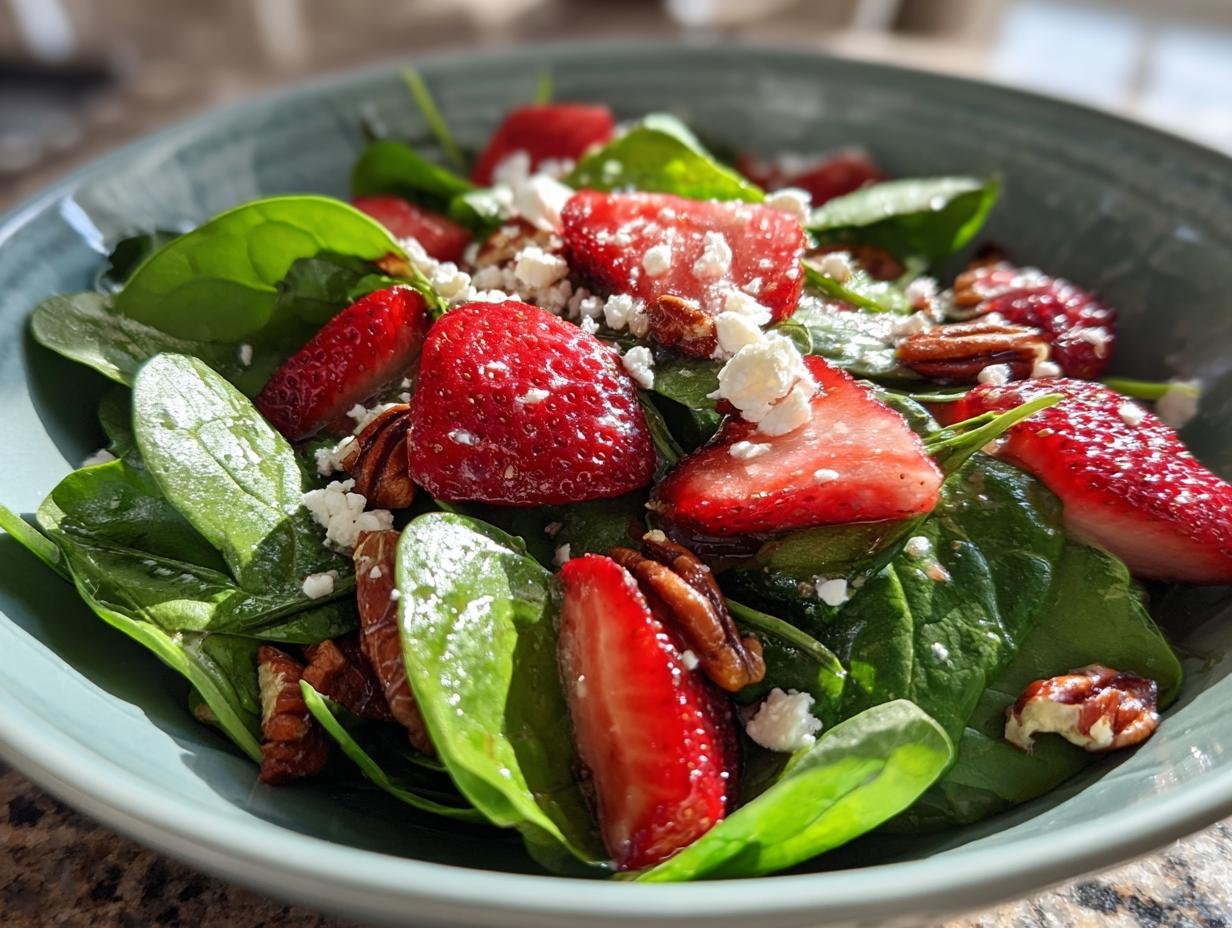 A refreshing strawberry spinach salad with feta cheese and pecans in a blue bowl.