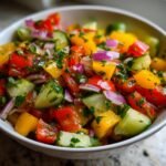 A close-up of a white bowl filled with a vibrant Refreshing Viral TikTok Cucumber Bell Pepper Salad, featuring chopped cucumbers, tomatoes, bell peppers, and red onions.