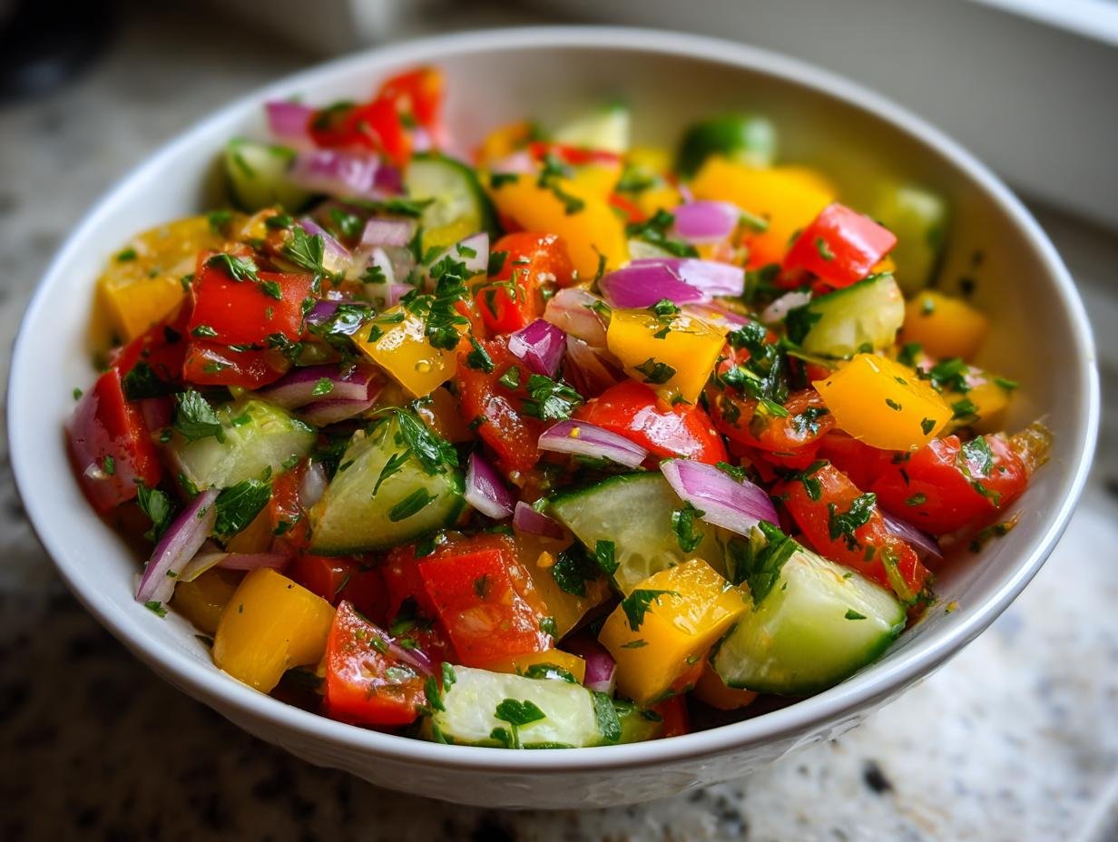 A close-up of a white bowl filled with a vibrant Refreshing Viral TikTok Cucumber Bell Pepper Salad, featuring chopped cucumbers, tomatoes, bell peppers, and red onions.