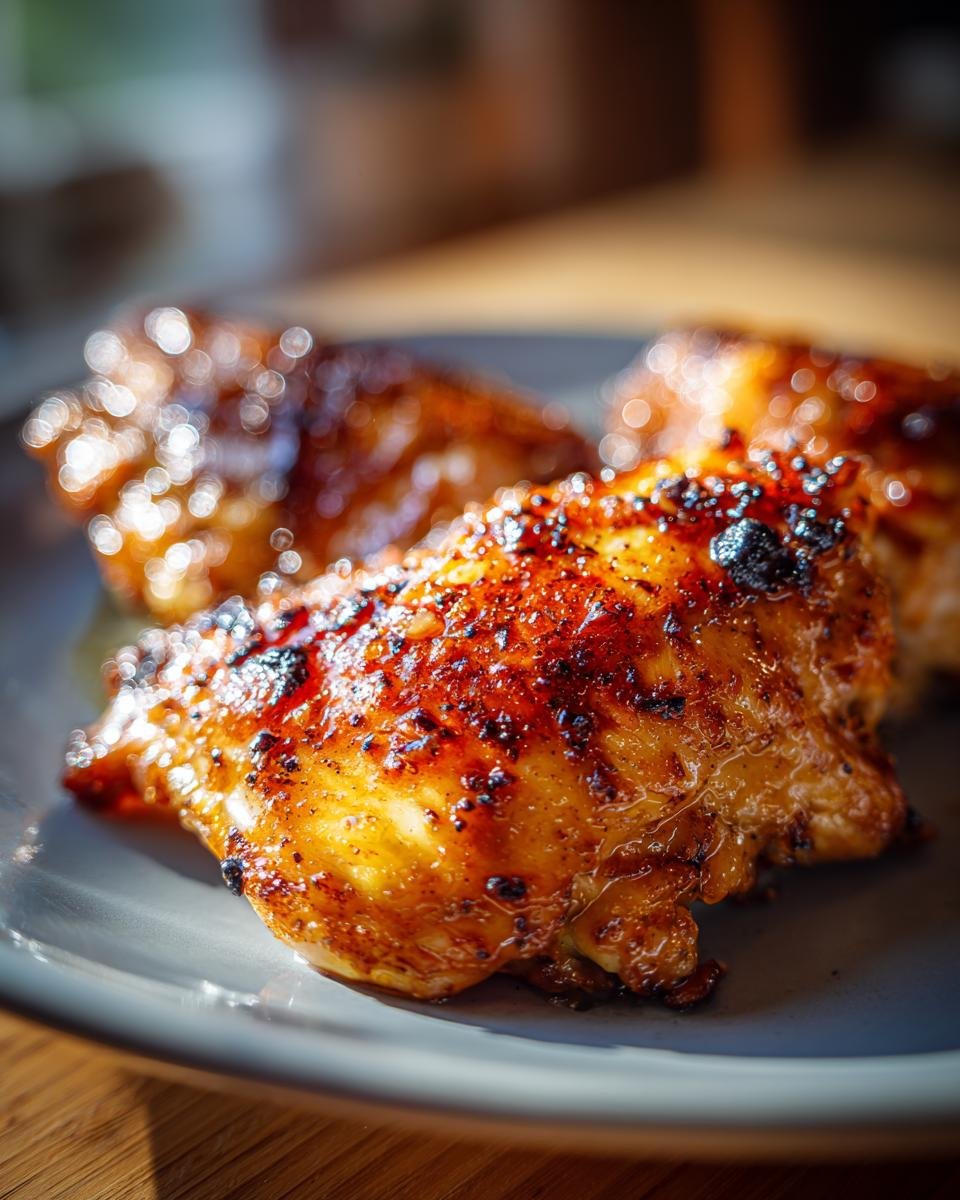 Close-up of perfectly roasted chicken thighs with crispy skin, showcasing rich, savory flavors.