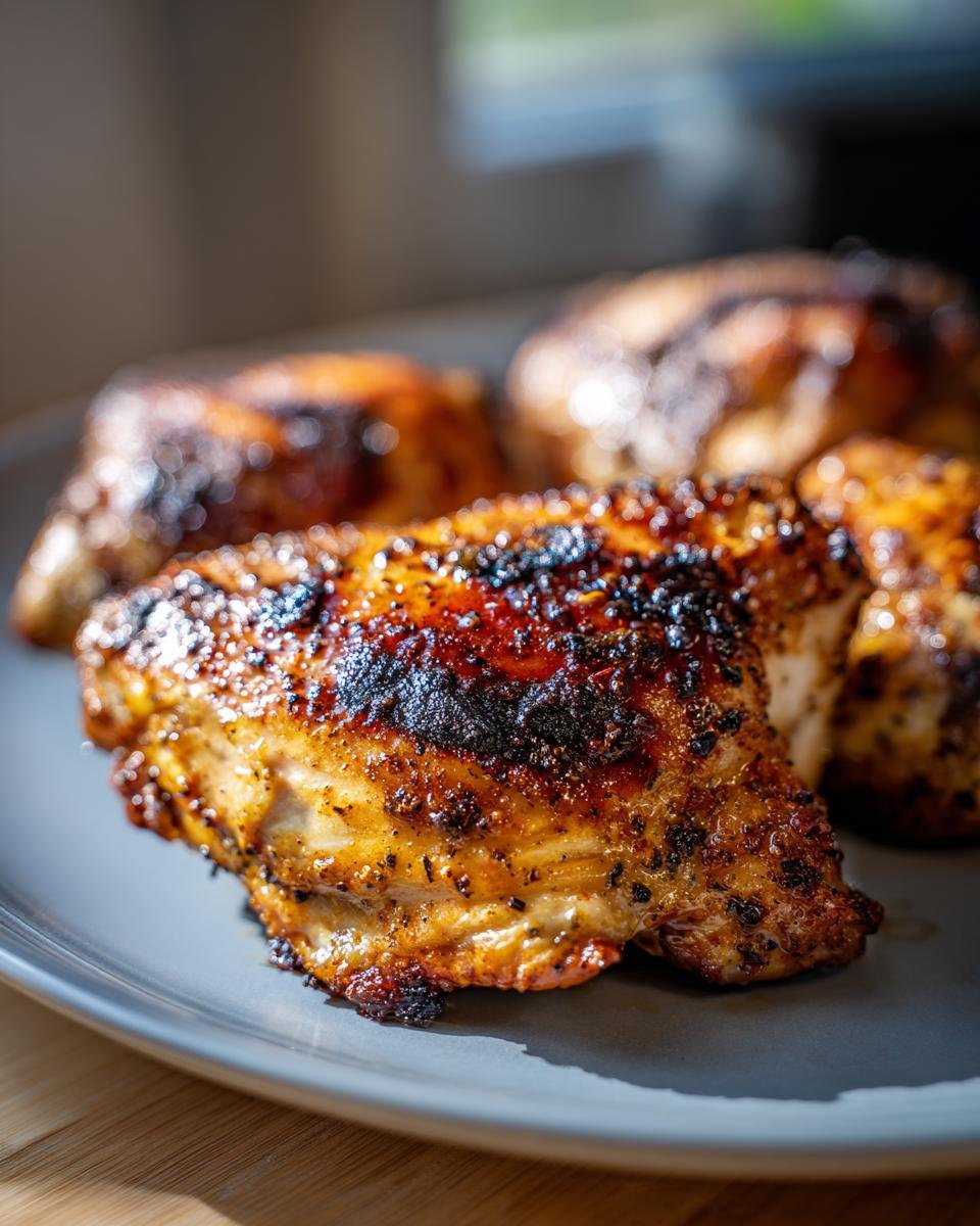 Close-up of perfectly roasted chicken thighs with crispy skin, seasoned for flavor lovers.