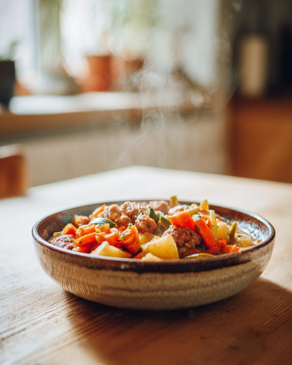 A close-up of a steaming bowl filled with hearty sausage and vegetable soup, featuring chunks of sausage, potatoes, carrots, and zucchini.