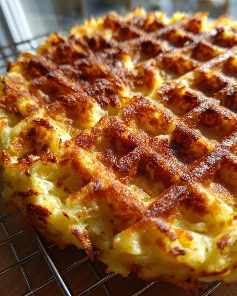 Close-up of a perfectly golden brown savory hashbrown chaffle on a cooling rack, showcasing its crispy texture.