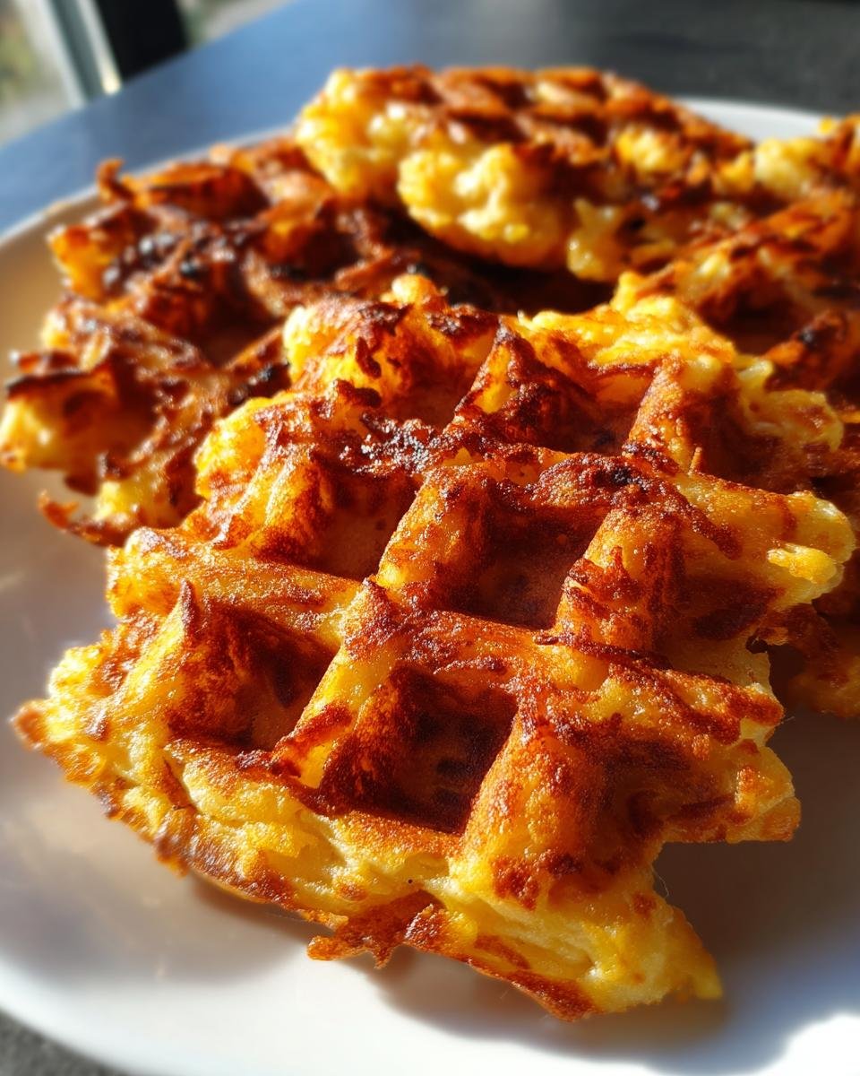 Close-up of golden brown, crispy savory hashbrown chaffles on a white plate.