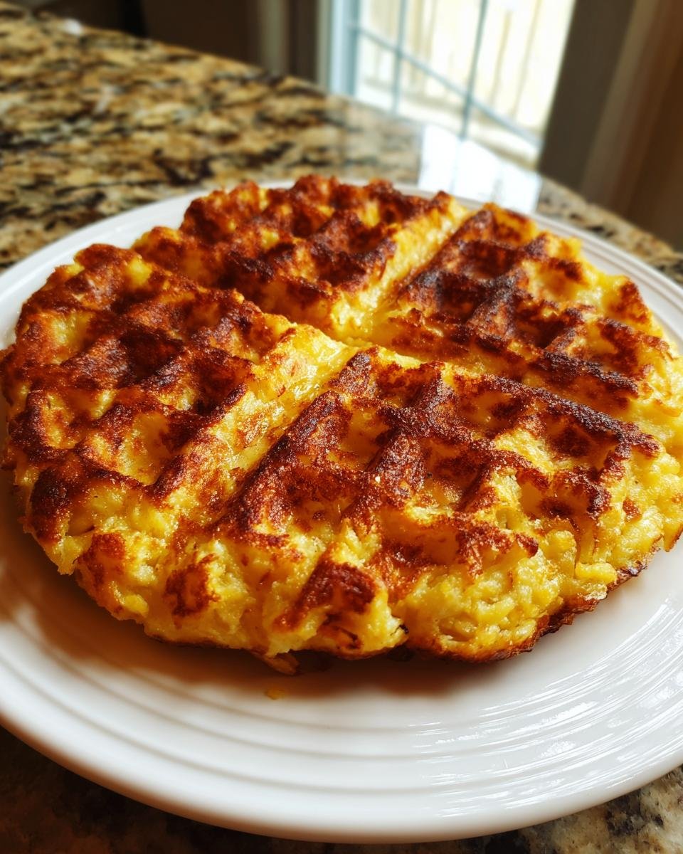 A golden-brown, crispy savory hashbrown chaffle cooked in a waffle maker, presented on a white plate.
