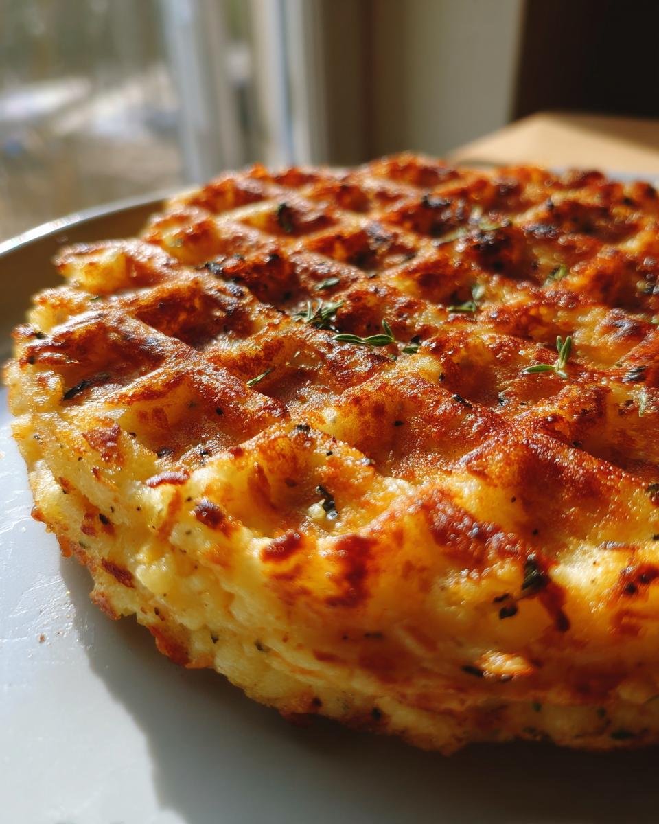 Close-up of a golden-brown, savory hashbrown chaffle with visible herbs and seasoning.