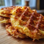 Close-up of a stack of golden brown, crispy savory hashbrown chaffles on a wooden board.