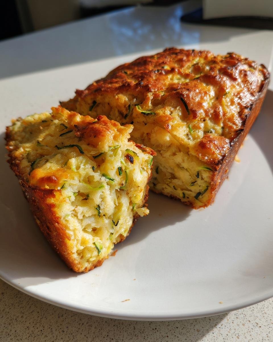 A loaf of Irresistible Savory Zucchini Cheddar Quick Bread, with one slice cut and showing the tender interior with zucchini and cheddar.