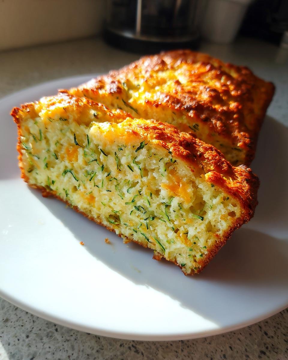 A close-up of a slice of Irresistible Savory Zucchini Cheddar Quick Bread, showing shredded zucchini and cheddar cheese.