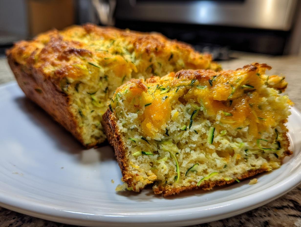 A slice of Irresistible Savory Zucchini Cheddar Quick Bread on a white plate, showing shredded zucchini and melted cheddar cheese.