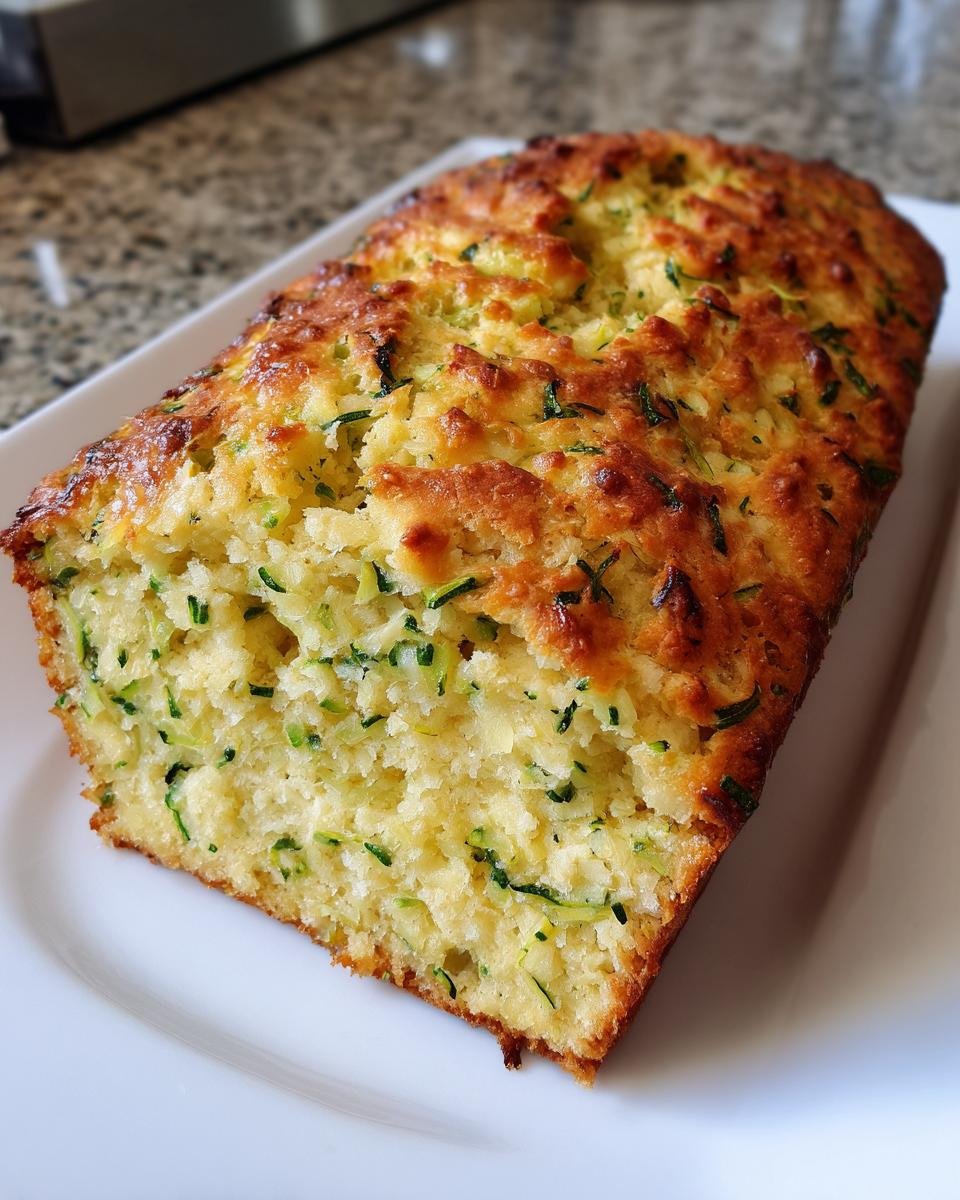 A golden-brown loaf of Irresistible Savory Zucchini Cheddar Quick Bread on a white plate, showing visible shreds of zucchini.