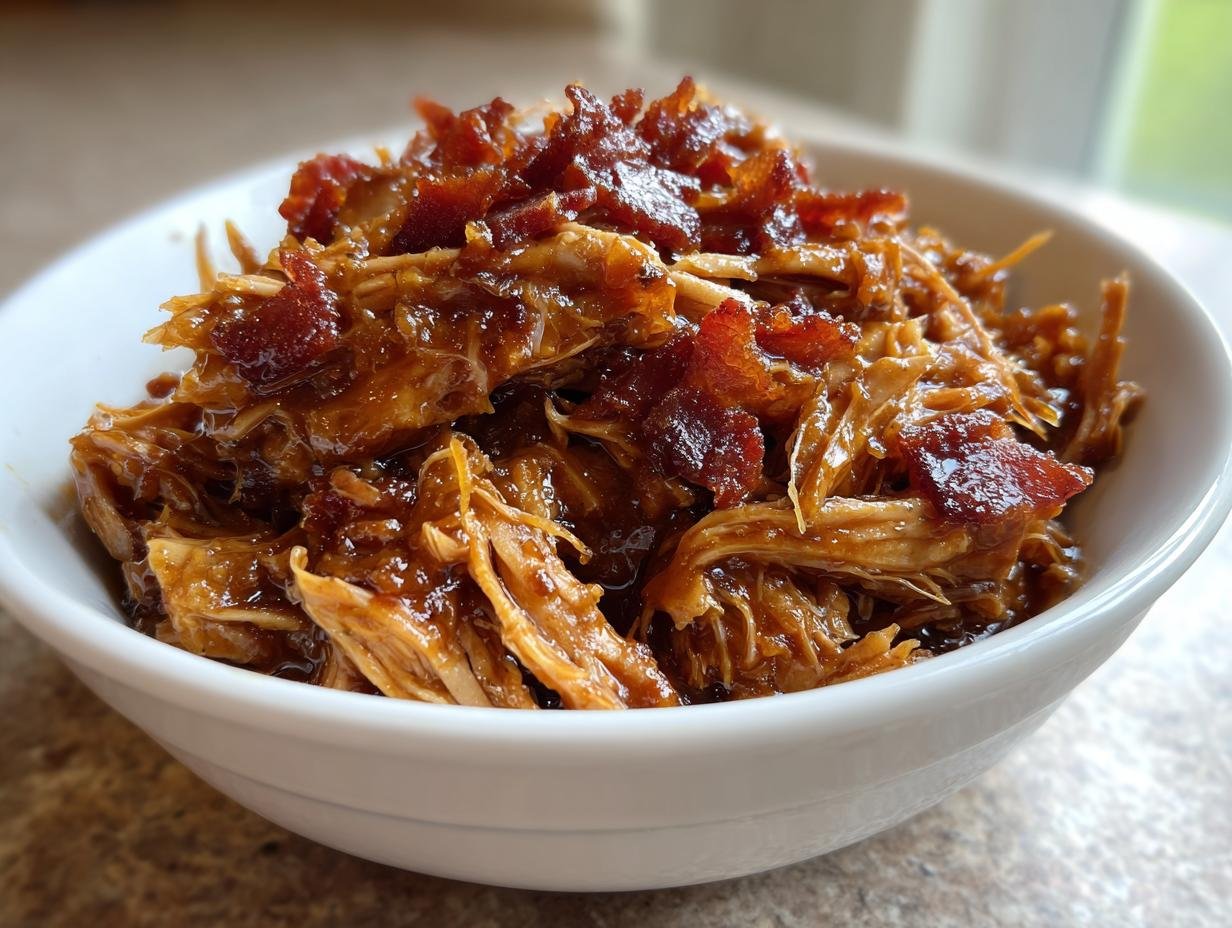 A bowl of shredded Irresistible Slow Cooker Bacon Brown Sugar Garlic Chicken, topped with crispy bacon pieces.