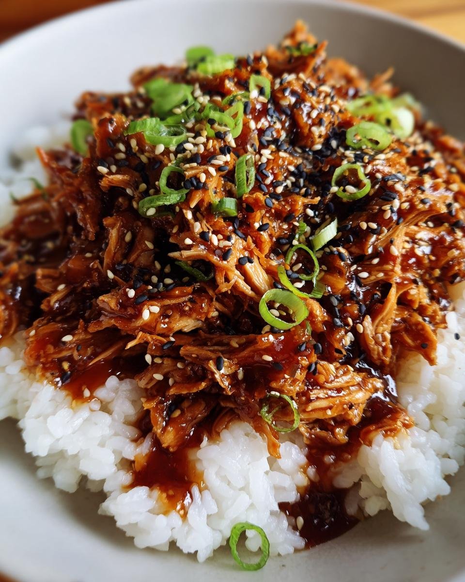 A close-up of a bowl filled with fluffy white rice topped with shredded Irresistible Slow Cooker Honey Teriyaki Chicken, garnished with sesame seeds and green onions.