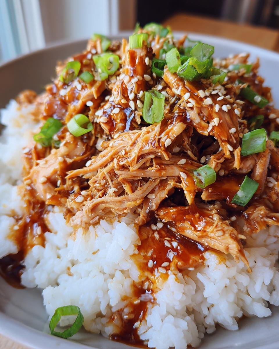 A bowl of fluffy white rice topped with shredded Irresistible Slow Cooker Honey Teriyaki Chicken, garnished with sesame seeds and green onions.