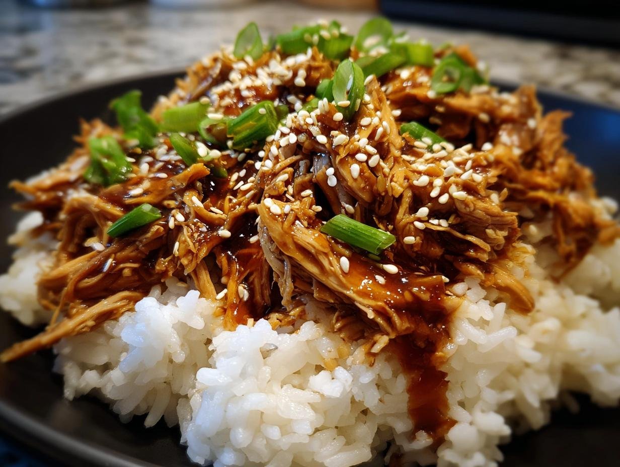Close-up of Irresistible Slow Cooker Honey Teriyaki Chicken served over white rice, garnished with sesame seeds and green onions.