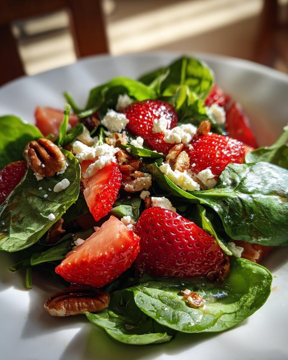 Close-up of a refreshing strawberry spinach salad with feta cheese and pecans, perfect for summer.