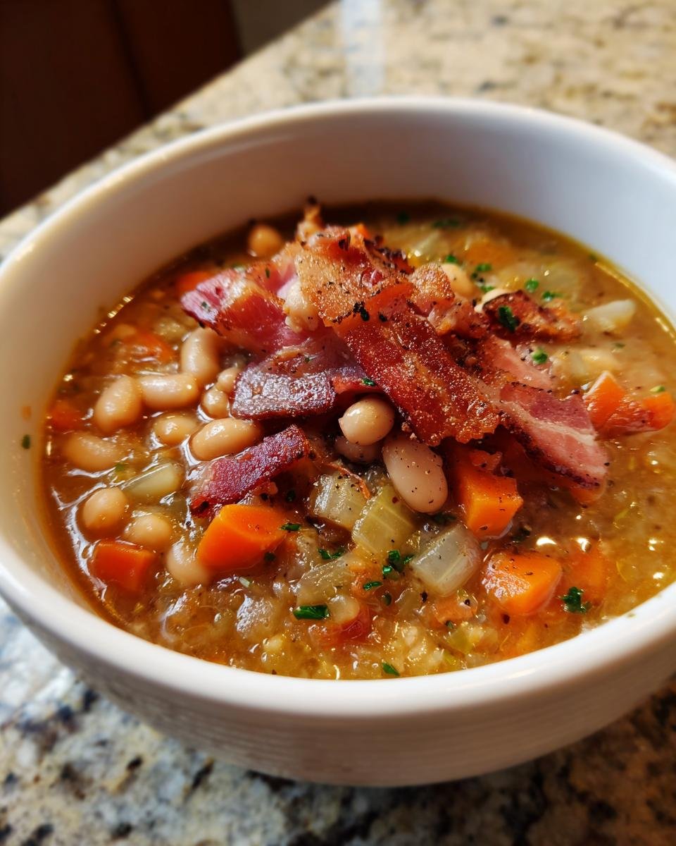 A close-up of a white bowl filled with Ultimate Bean With Bacon Soup, topped with crispy bacon and fresh parsley.