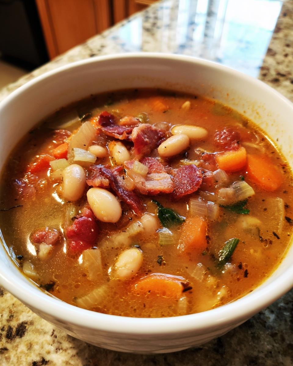 Close-up of a white bowl filled with Ultimate Bean With Bacon Soup, featuring white beans, bacon, carrots, and herbs.