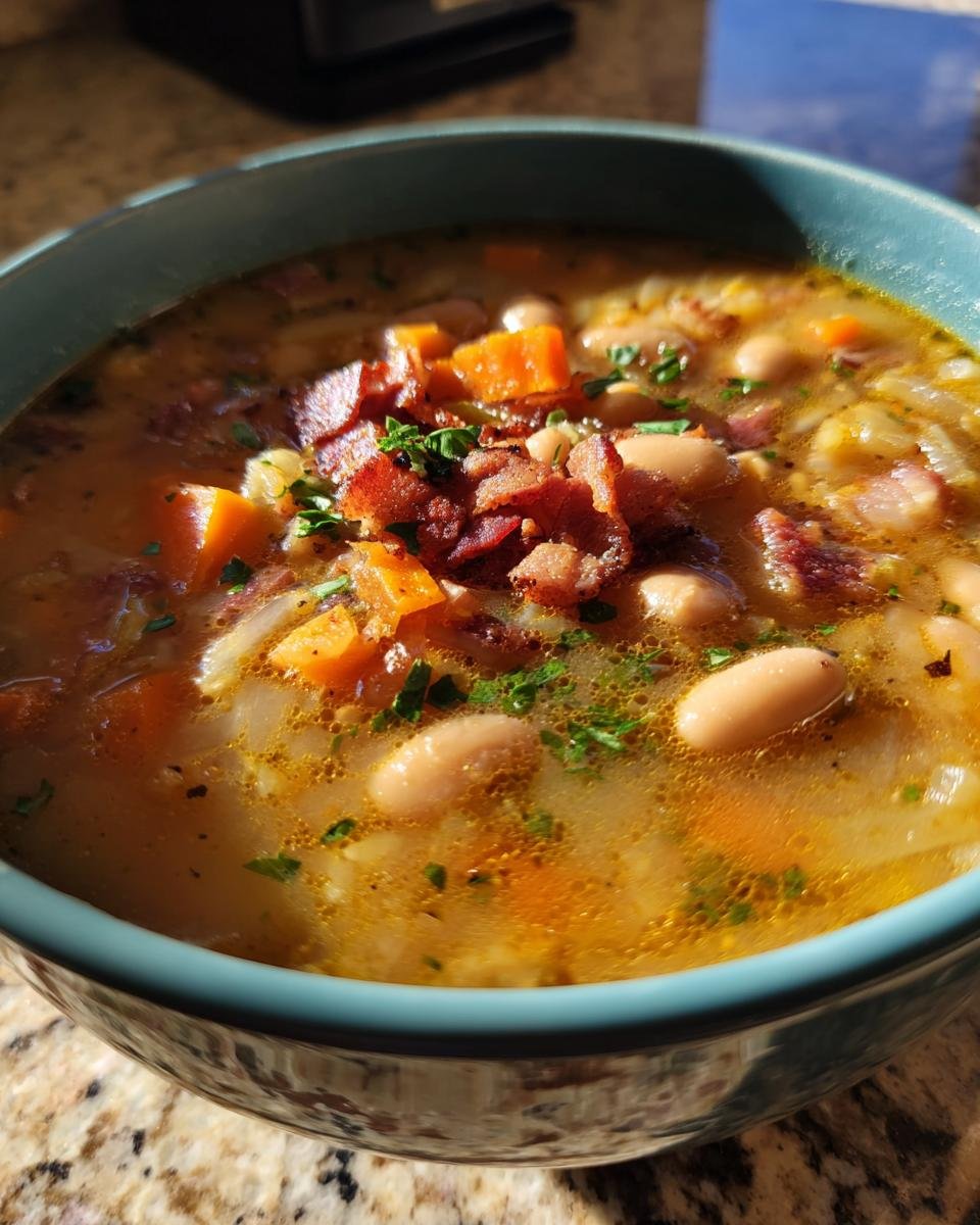Close-up of a bowl of Ultimate Bean With Bacon Soup, featuring white beans, carrots, bacon, and herbs.