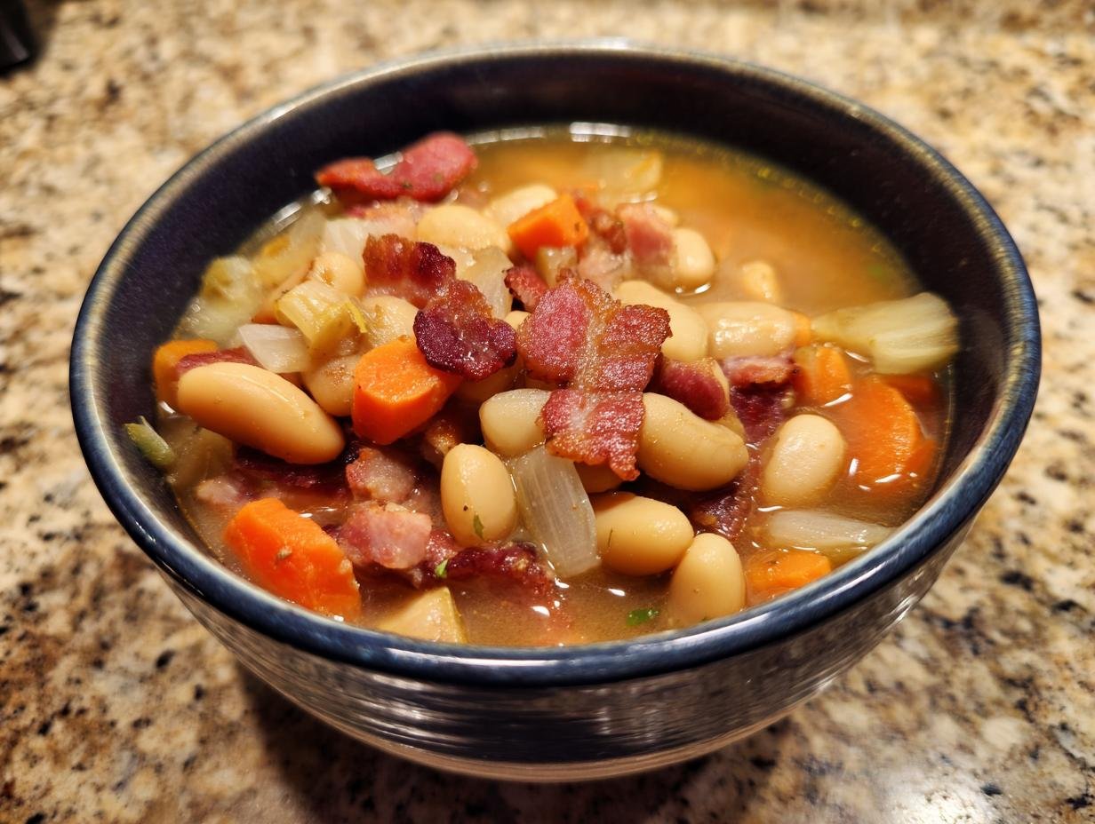 A close-up of a bowl filled with Ultimate Bean With Bacon Soup, showcasing white beans, carrots, onions, and crispy bacon.
