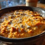 Close-up of bubbling Ultimate Crockpot Buffalo Chicken Dip with melted cheese and blue cheese crumbles.