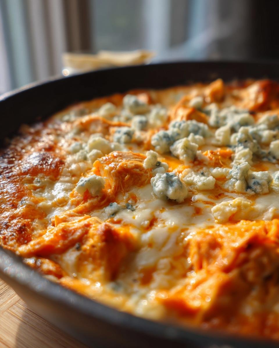 Close-up of bubbling Ultimate Crockpot Buffalo Chicken Dip topped with blue cheese crumbles.