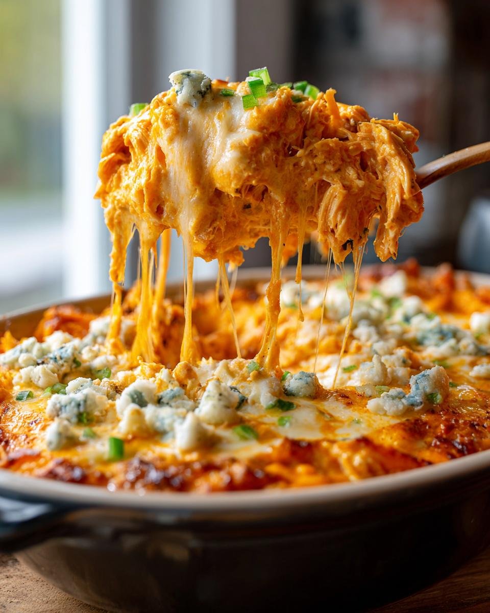 A spoonful of Ultimate Crockpot Buffalo Chicken Dip Recipe, showing a gooey cheese pull with blue cheese crumbles and green onions.