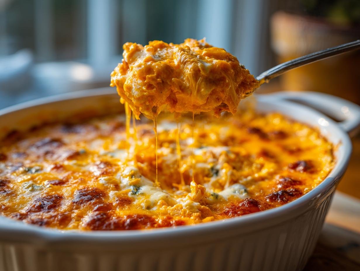 A spoonful of Ultimate Crockpot Buffalo Chicken Dip Recipe, showing melted cheese strings.