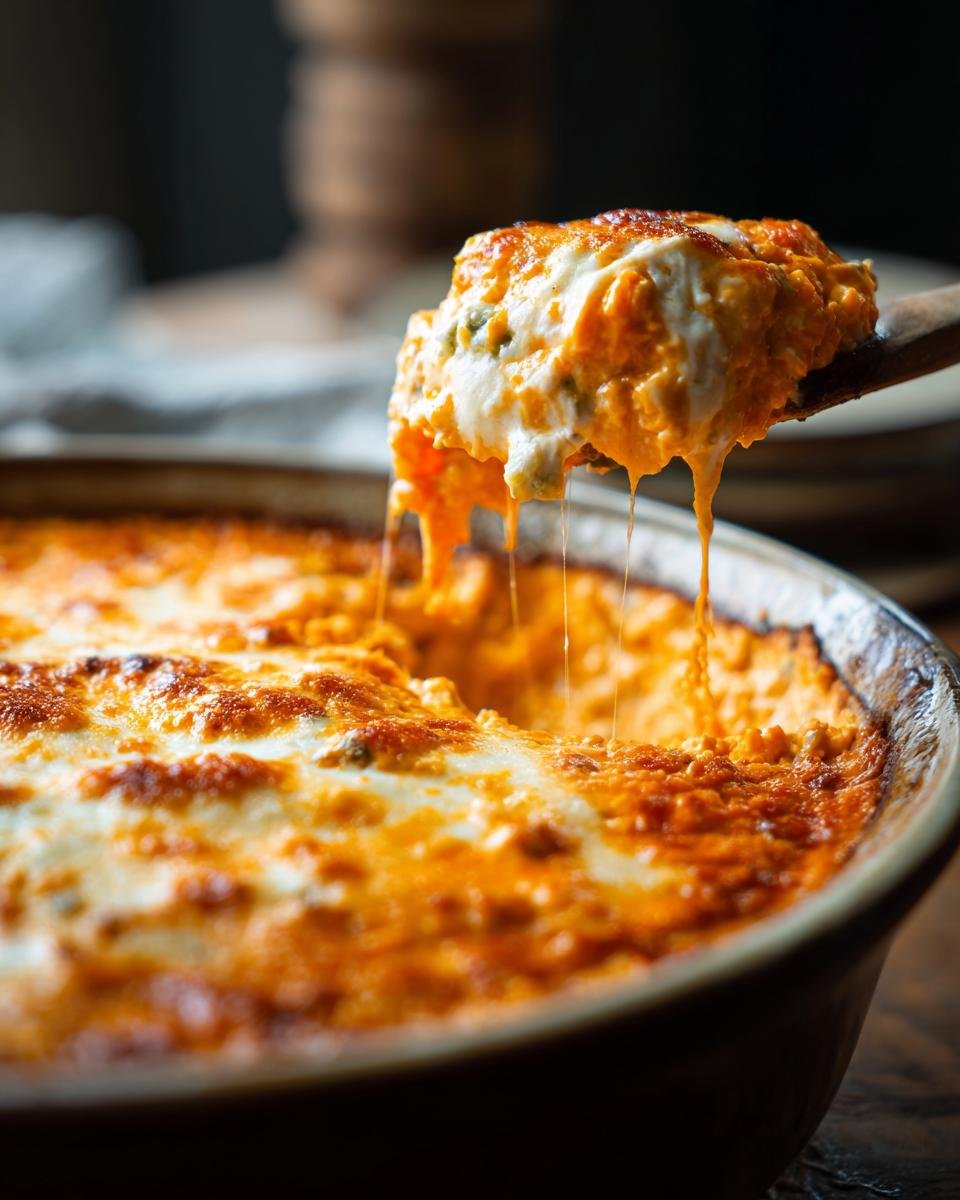 A spoonful of Ultimate Crockpot Buffalo Chicken Dip, showing melted cheese strings, ready to be served.