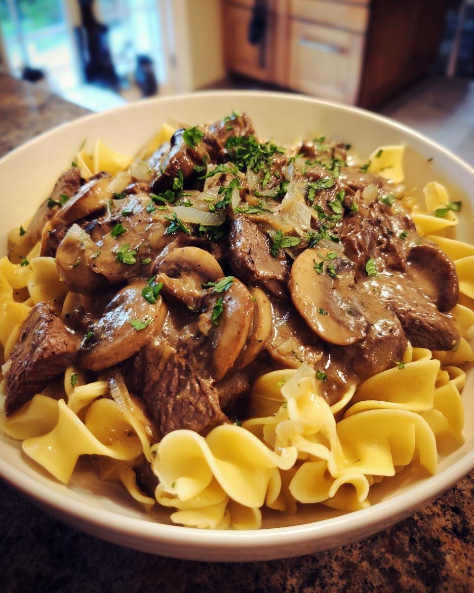 A bowl of Ultimate Old Fashioned Beef Stroganoff Delight with tender beef, mushrooms, and creamy sauce over egg noodles, garnished with parsley.