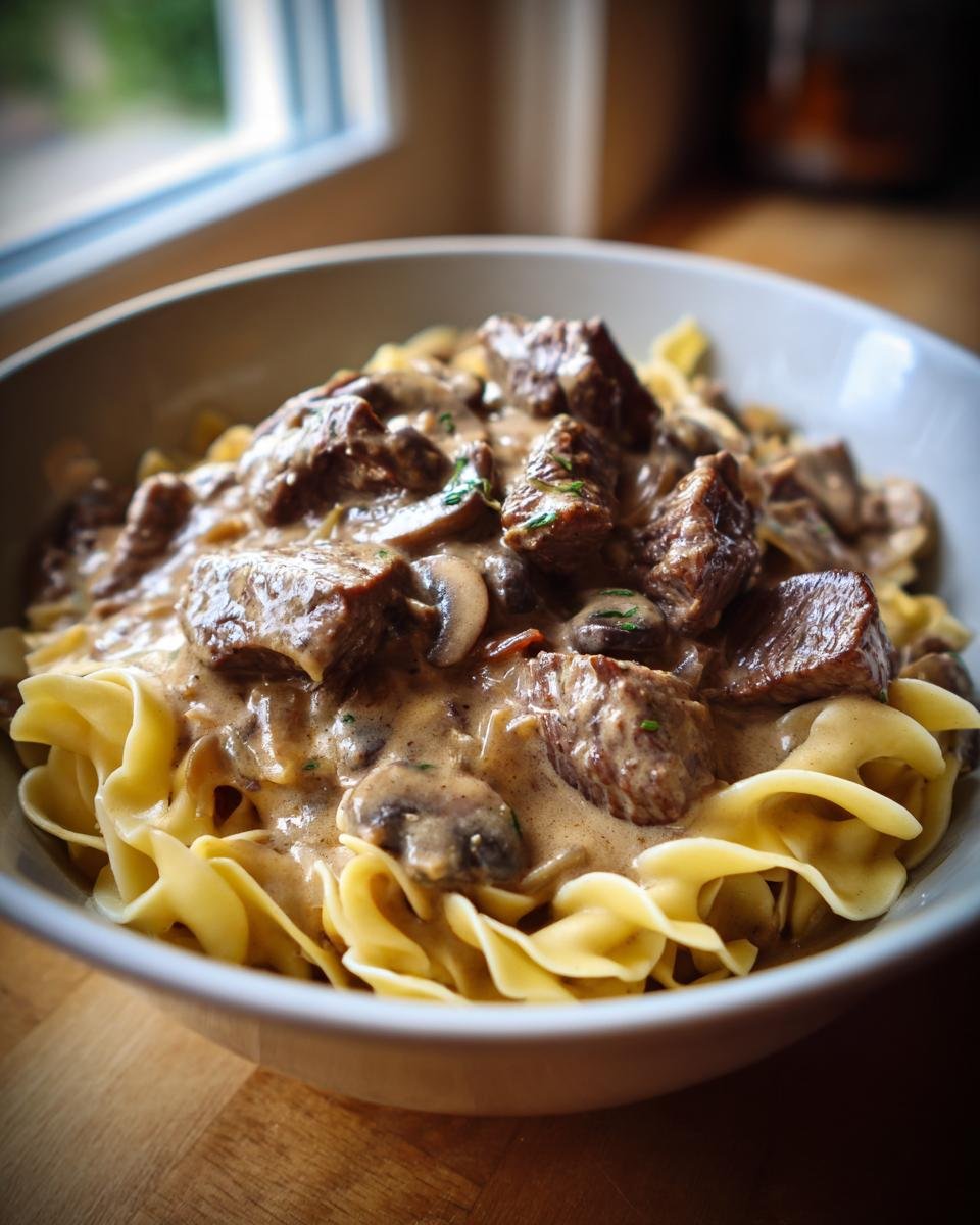 Close-up of a bowl filled with Ultimate Old Fashioned Beef Stroganoff Delight, featuring tender beef, mushrooms, and creamy sauce over egg noodles.