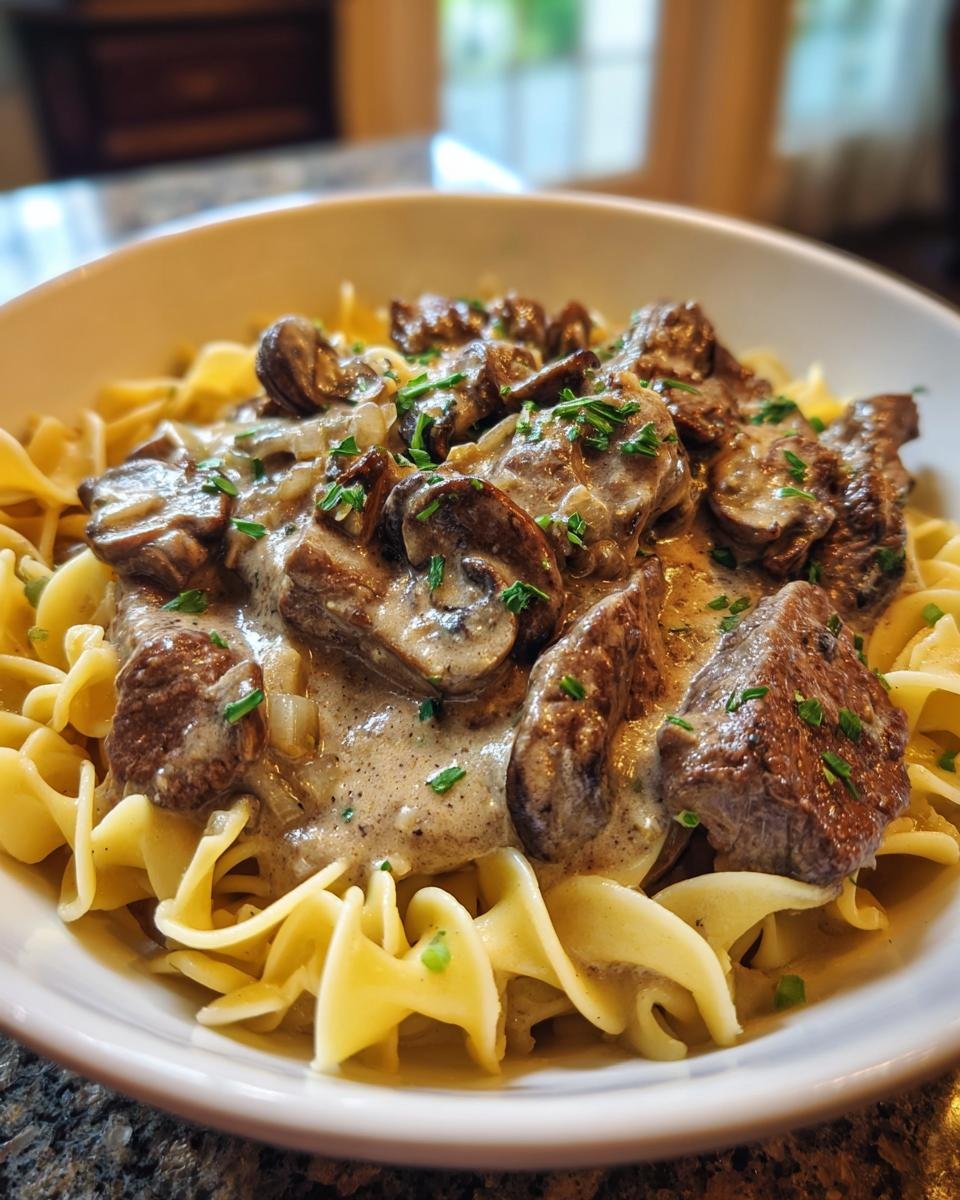 Close-up of Ultimate Old Fashioned Beef Stroganoff Recipe served over egg noodles with mushrooms and a creamy sauce.