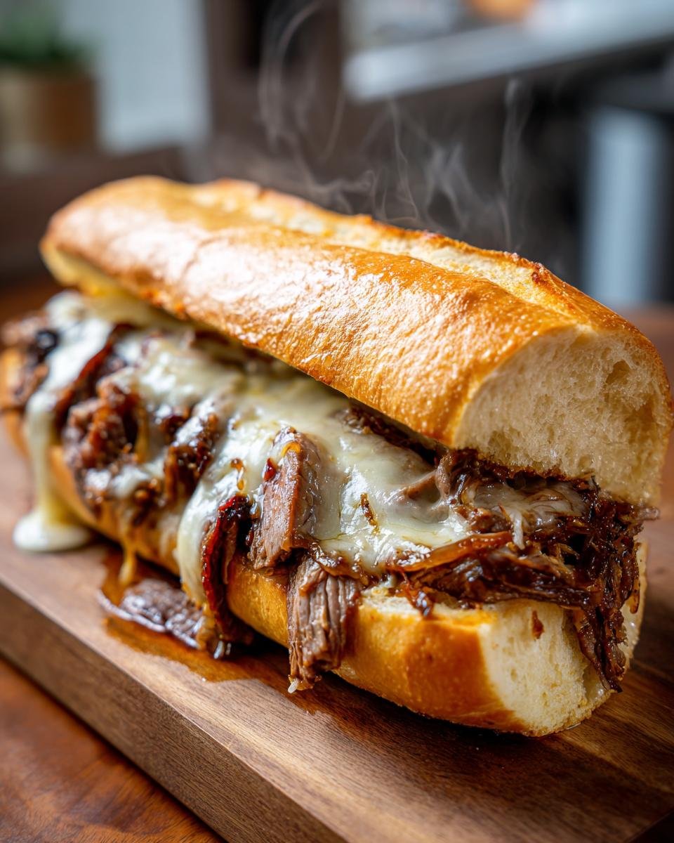 A close-up of a steaming Ultimate Philly Cheese Steak Sandwich overflowing with tender steak and melted cheese on a toasted roll.
