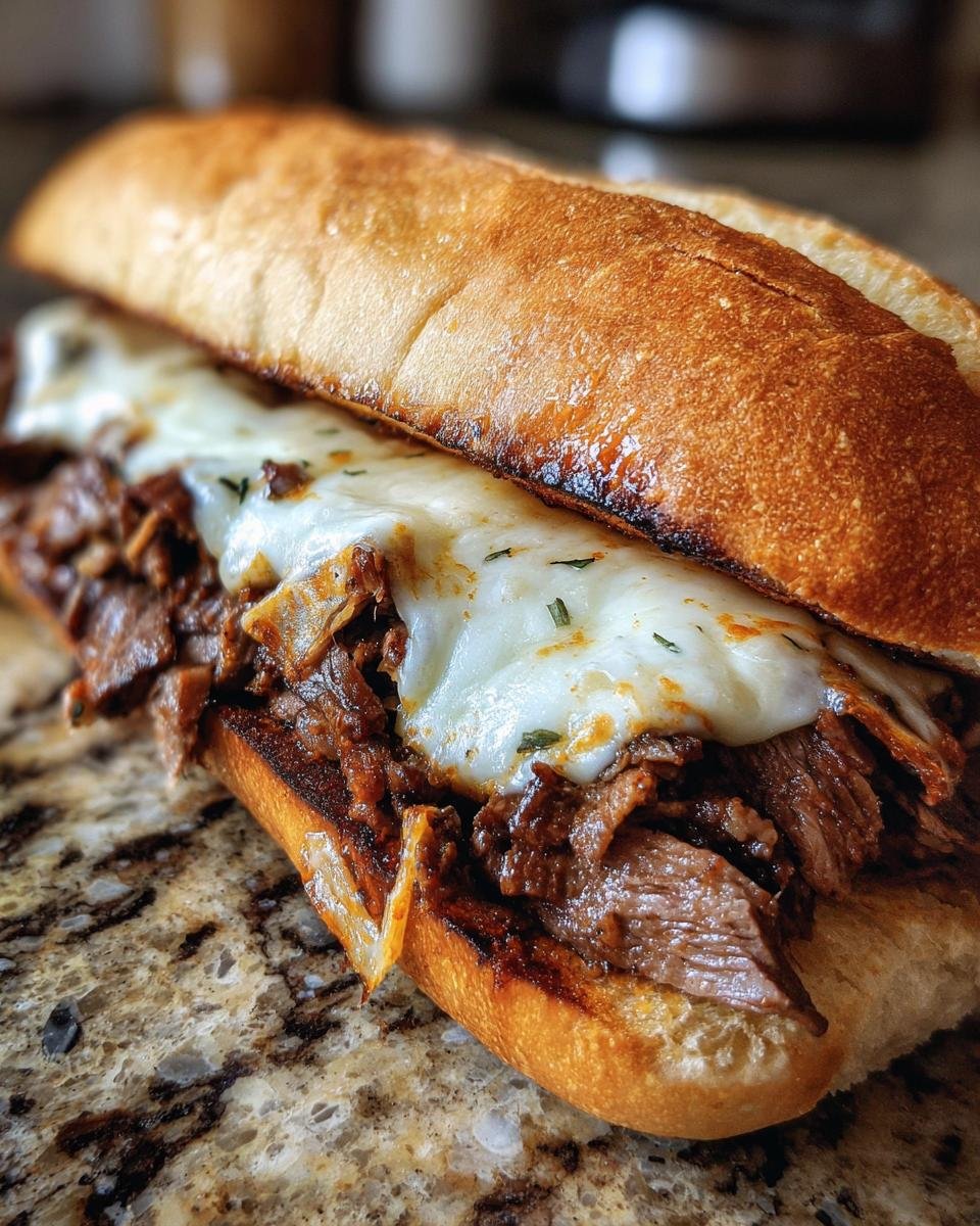 Close-up of an Ultimate Philly Cheese Steak Sandwich with thinly sliced steak, melted cheese, and onions on a toasted roll.