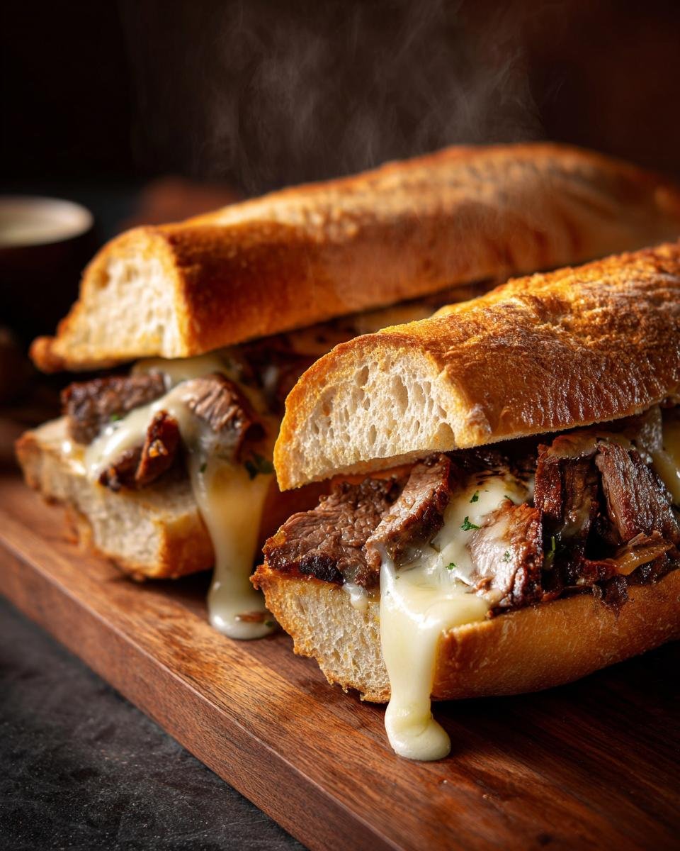 Two steaming Philly Cheese Steak sandwiches on a wooden board, overflowing with steak and melted cheese.