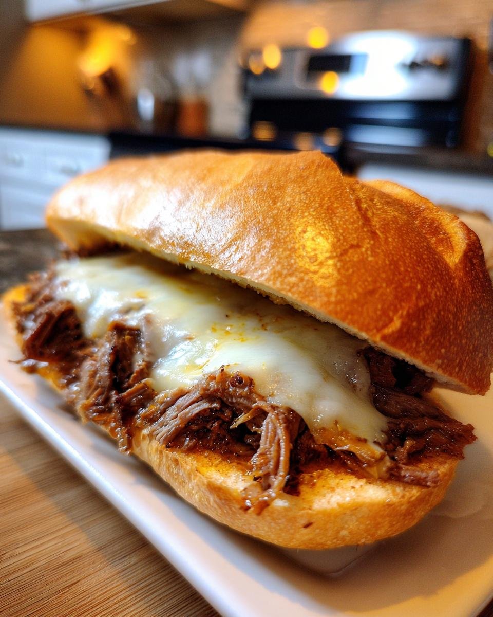 Close-up of a delicious Ultimate Philly Cheese Steak Sandwich with melted cheese and tender beef on a roll.