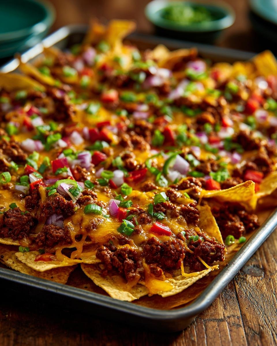 A full sheet pan of Ultimate Sheet Pan Nachos, loaded with cheesy goodness, seasoned ground beef, and fresh toppings.