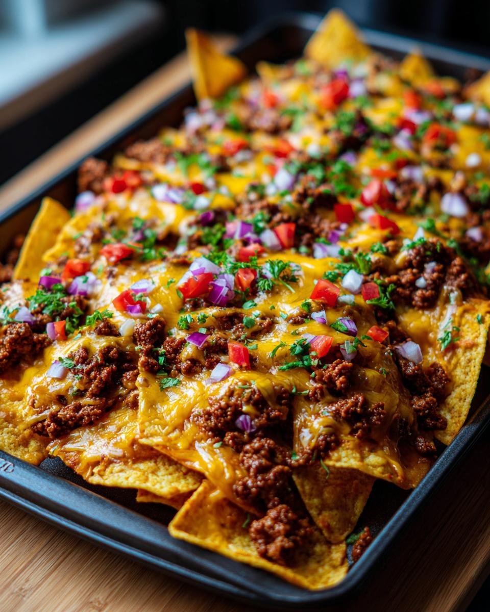 A close-up of Ultimate Sheet Pan Nachos, loaded with melted cheese, seasoned ground beef, diced tomatoes, red onions, and fresh cilantro.