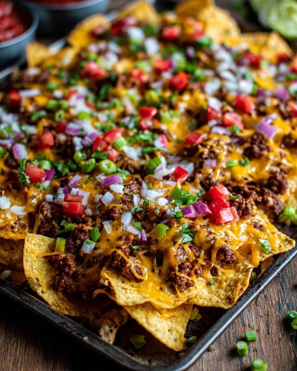 A close-up of Ultimate Sheet Pan Nachos, loaded with melted cheese, seasoned ground beef, tomatoes, onions, and green onions.