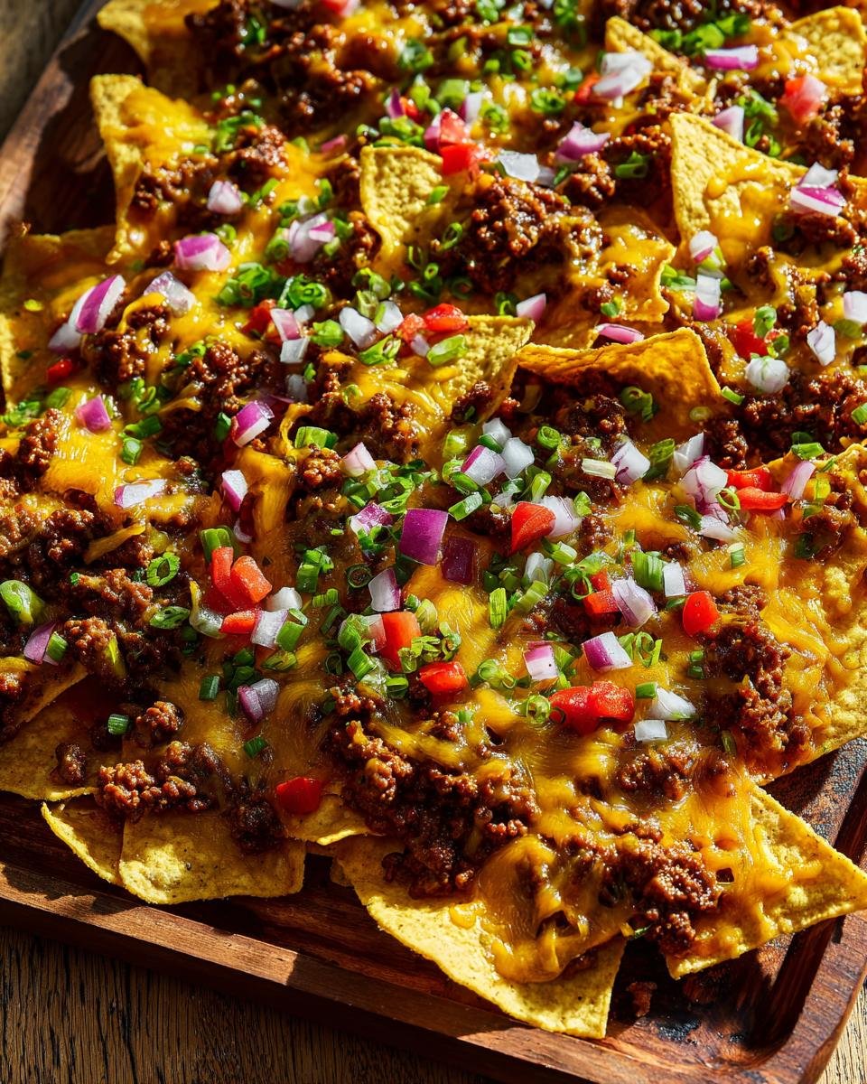 Close-up of Ultimate Sheet Pan Nachos Cheesy Game Night Delight loaded with seasoned ground beef, melted cheese, red onion, and green onions.