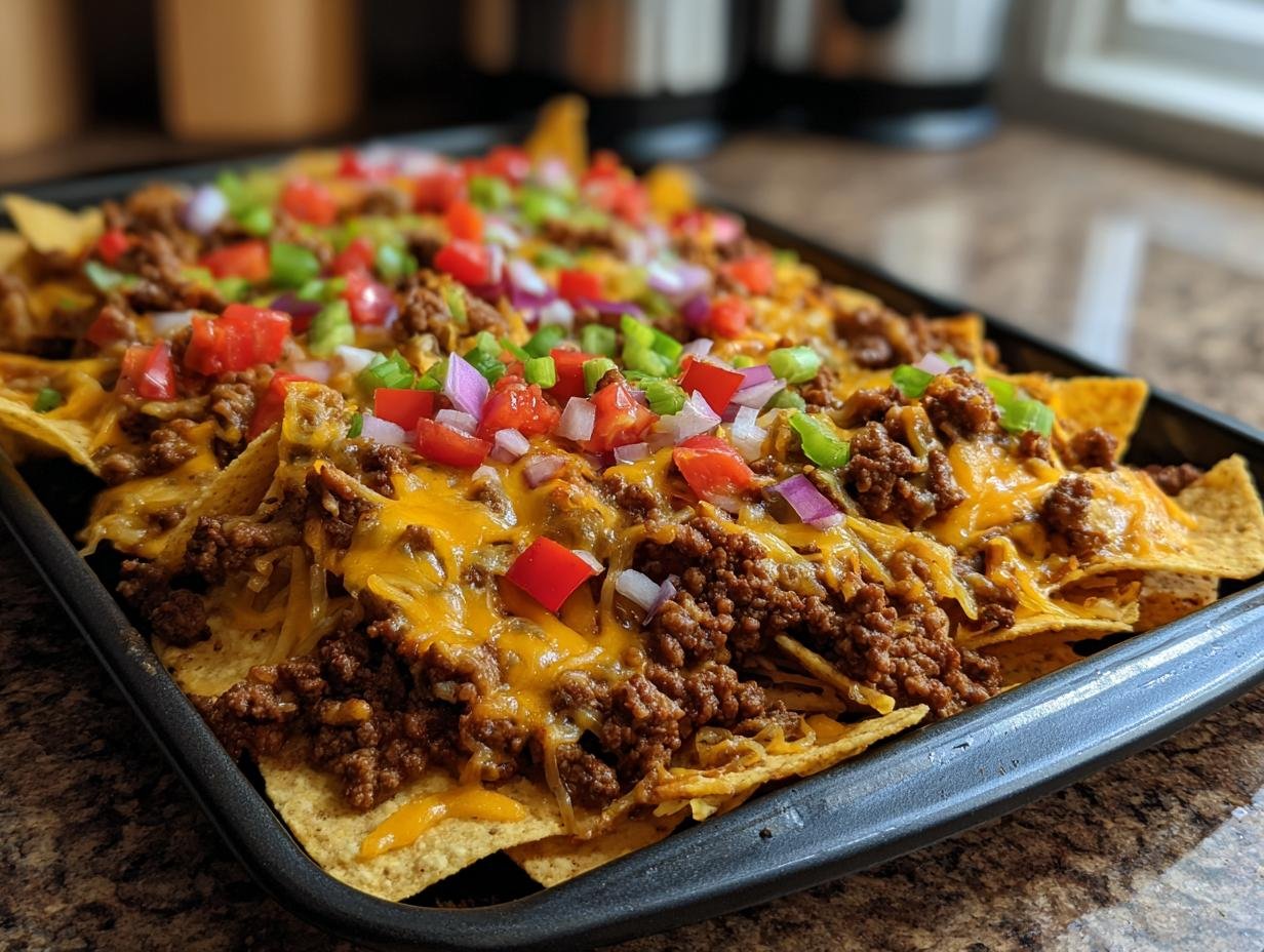 Close-up of Ultimate Sheet Pan Nachos Cheesy Game Night Delight, loaded with seasoned ground beef, melted cheese, and fresh toppings.