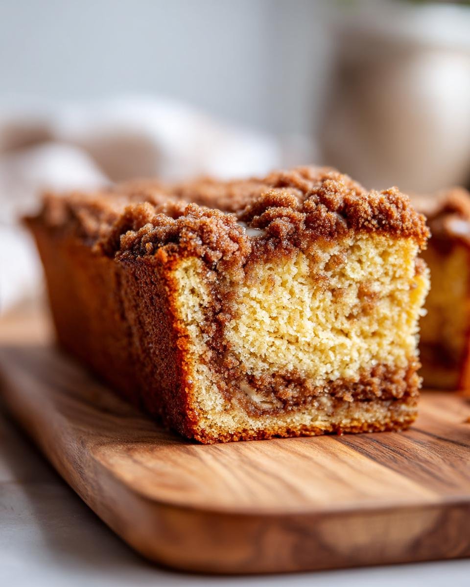 A close-up of a slice of Ultimate Sour Cream Coffee Cake with a crumb topping and swirl.